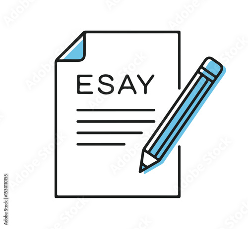 The document, the word "ESSAY," with a pencil, illustrates the process of writing an essay.