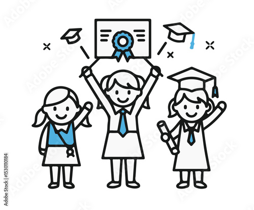 Three graduates happily celebrate their academic achievement with certificate and mortarboard caps.