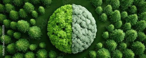 A spherical formation of green and white trees stands out prominently amid a dense forest of uniformly green trees, symbolizing contrast and balance in nature.