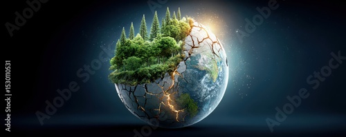 Harmony deforestation and the environment concept. A cracked Earth with dense green forests and light rays, symbolizing nature's resilience amidst environmental damage.