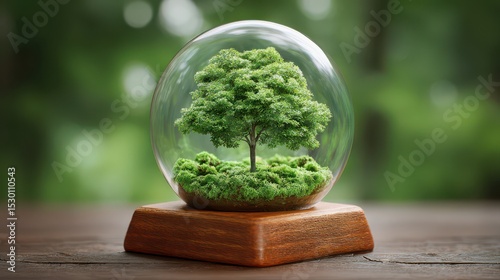 Harmony deforestation and the environment concept. A miniature tree and lush greenery enclosed in a clear glass dome, resting on a wooden base, symbolizing nature preservation and environmental care.