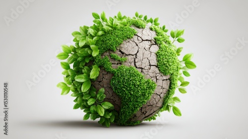 A cracked earth globe partially covered with fresh green leaves and moss, symbolizing environmental healing and the balance between nature and the planet.