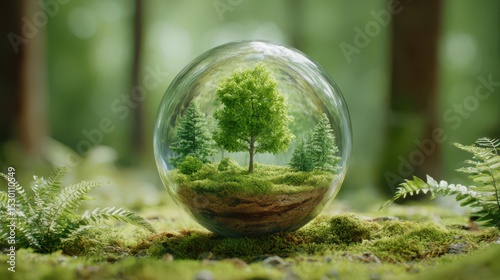 Harmony deforestation and the environment concept. A glass globe containing a miniature forest with trees and moss, symbolizing nature preservation and environmental protection.