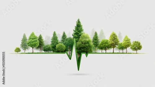 Harmony deforestation and the environment concept. A creative illustration combining a green heartbeat line with various trees, symbolizing the life and vitality of nature.