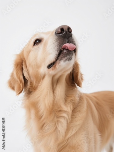 Golden Retriever dog licking its lips, looking up at the sky with a happy expression on a white background.