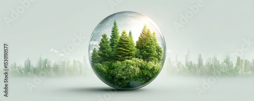 Harmony deforestation and the environment concept. A transparent sphere containing lush green trees and bushes symbolizes nature protection amidst an urban city skyline.