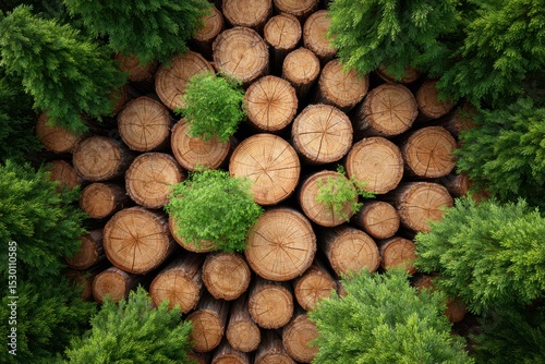 Harmony deforestation and the environment concept. Stacked tree logs surrounded by green conifer branches, showing natural wood textures and forest elements from a top-down perspective.