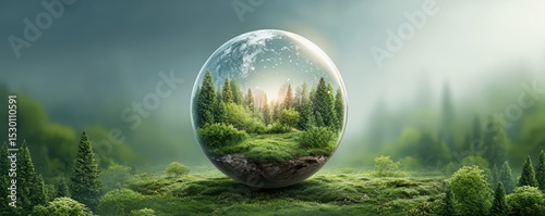 Harmony deforestation and the environment concept. A transparent sphere encapsulates a lush forest and mossy landscape, blending nature