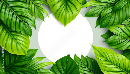Tropical green leaf frame set with round white space for text or product display.