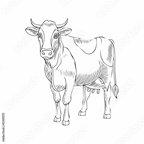 Cow Vector Illustration. Drawing of farming animal painted by black inks in outline style. Line art for dairy product. Linear sketch for milk production.
