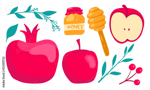 jewish new year, rosh hashanah traditional icons vetor illustration