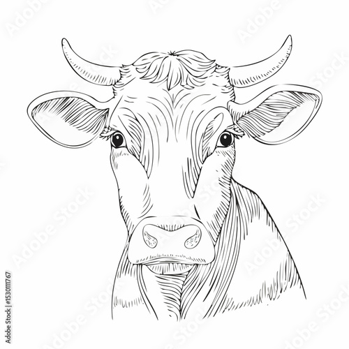 Cow Vector Illustration. Drawing of farming animal painted by black inks in outline style. Line art for dairy product. Linear sketch for milk production.