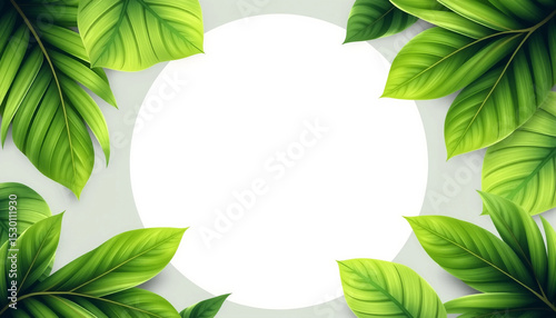 Tropical green leaf frame set with round white space for text or product display.