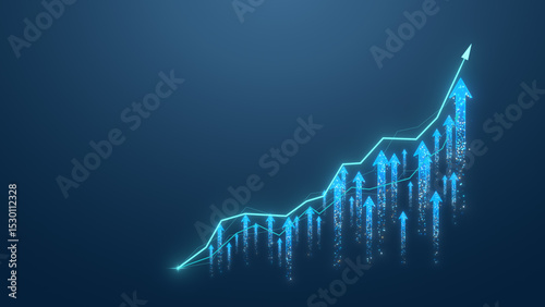A futuristic graph showing an upward trend with glowing arrows, symbolizing growth and success in business or technology.