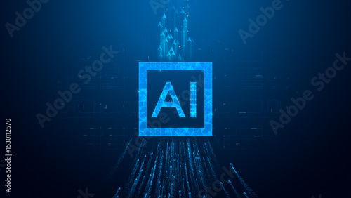 A digital representation of artificial intelligence, featuring a glowing blue 'AI' logo surrounded by flowing data streams in a futuristic setting.