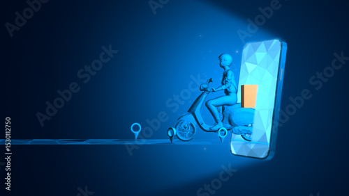 Futuristic Online Delivery Girl on Scooter Emerging from Smartphone with Digital Navigation, E-Commerce and Logistics Concept