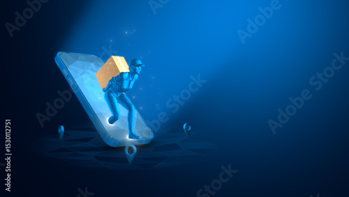 A digital illustration of a courier delivering a package using a smartphone interface in a dynamic modern setting.