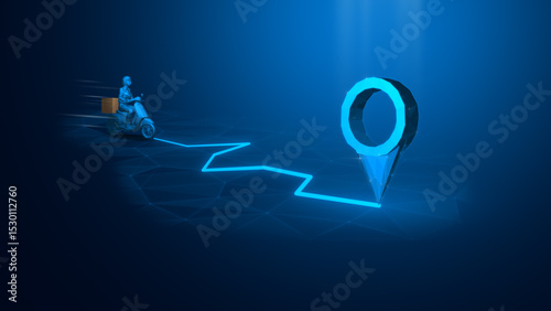 A digital representation of a delivery process with a mapped route and location pin indicating destination.