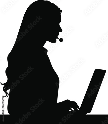 Silhouette of a female customer service representative using a laptop and headset. Black vector icon, isolated on transparent background. Perfect for support, call center, or tech themes.