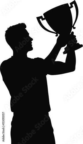 Silhouette of a man holding up a trophy in celebration. Black vector icon, isolated on transparent background. Ideal for sports, victory, success, or achievement themes.