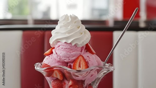 Strawberry sundae: scoops of pink ice cream with strawberries and whipped cream. Sweet dessert, retro diner, ice cream parlor for summer treats, celebrations, and food visuals.