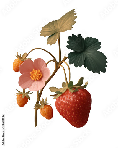 Stylised close-up of ripe red strawberry with stem, isolated on white background, soft light enhancing vivid red tones and natural shine