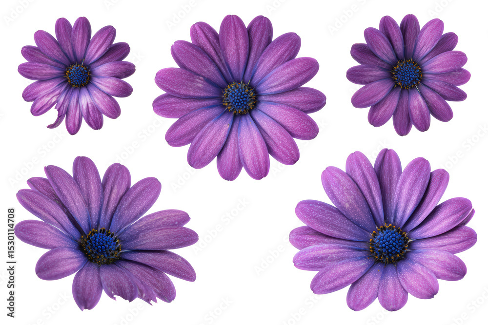 Fototapeta premium Flat-lay studio photo of clustered purple African daisy blooms, bright soft studio lighting, top-down view, isolated on black background revealing vivid petals and botanical detail
