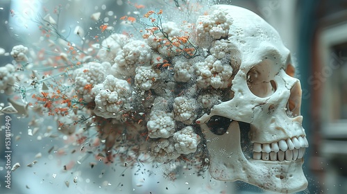Surreal disintegration of skull with flowers and plants