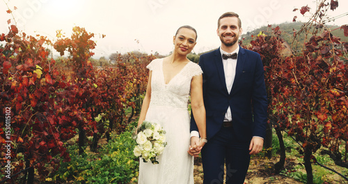 Holding hands, portrait and wedding with couple in vineyard together for celebration or event. Commitment, love and smile of married people outdoor on wine farm for ceremony, matrimony or milestone