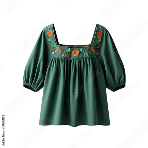 Green embroidered blouse with puff sleeves isolated on transparent background
