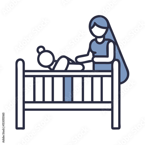Mother Attending to Baby in Crib Illustration Showing Nurturing Care and Affection