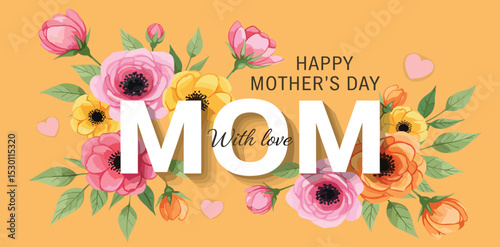 Trendy Mother's Day card, banner, poster, flyer, label or cover with flowers frame, abstract floral pattern in mid century art style. Spring summer bright abstract floral design template for ads promo