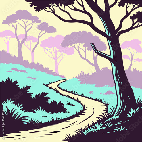 Serene Winding Path Through a Pastel Dreamland Forest Illustration