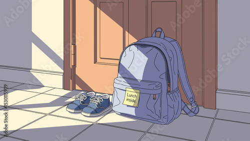 Anime illustration of a backpack and shoes near a door, with a lunch note