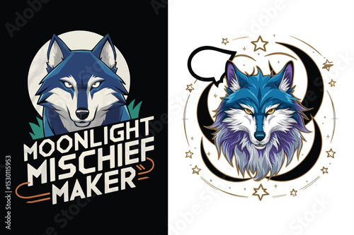 Artistic illustration of two wolves designs showcasing moonlight mischief and celestial elements