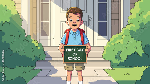Illustration of a boy holding a sign that says 'First Day of School' outside a house