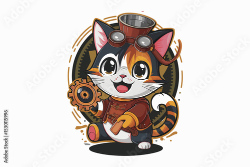 Adorable steampunk cat character holding gear smiling with goggles and uniform illustration