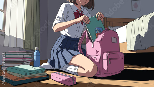 Anime-style illustration of a student packing a backpack in her bedroom