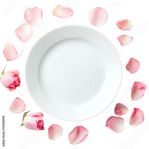 White plate surrounded by pink rose petals and buds isolated on transparent background