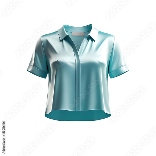 Women s teal satin short sleeve blouse isolated on transparent background