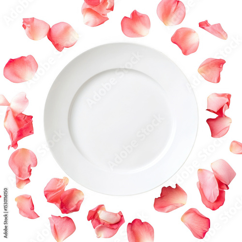 White plate surrounded by pink rose petals isolated on transparent background