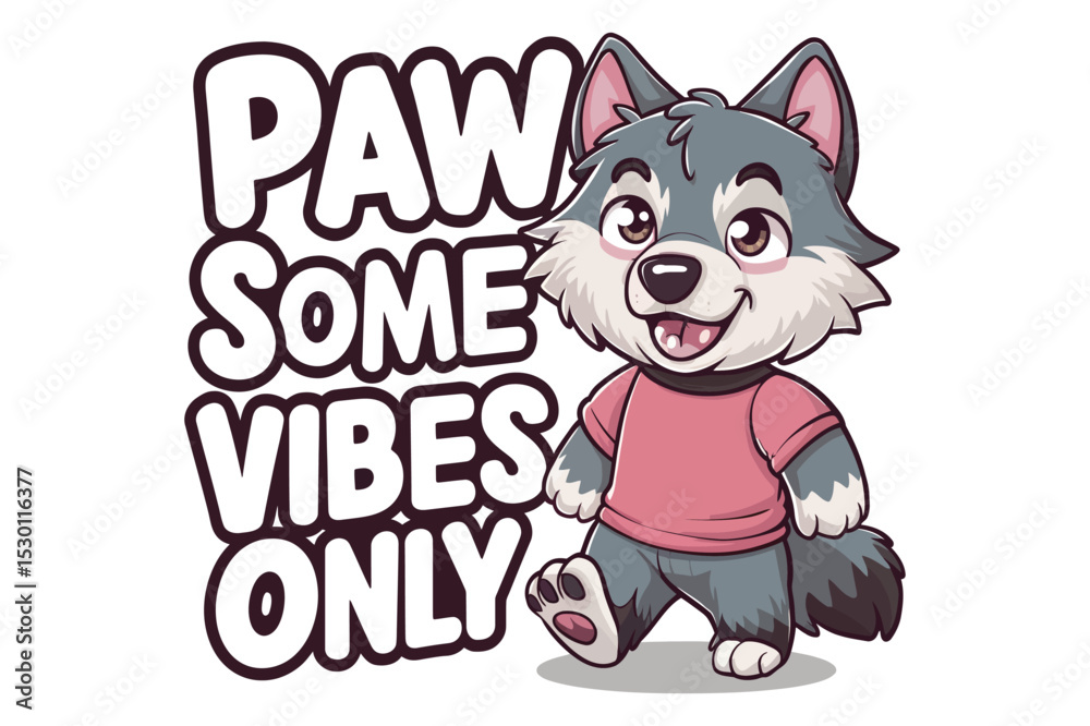 Playful cartoon wolf wearing a pink shirt with paw some vibes only graphic Playful cartoon wolf wearing a pink shirt with paw some vibes only graphic