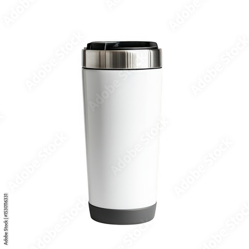 White travel mug with silver lid isolated on transparent background