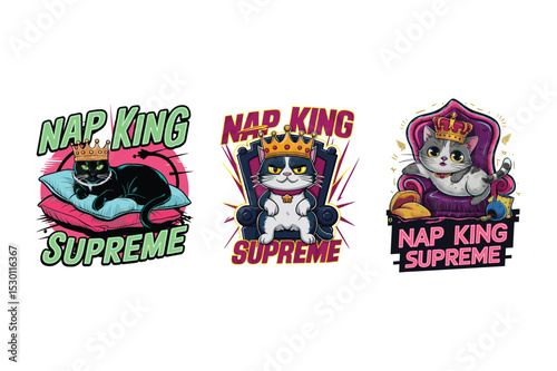 Playful illustrations of nap king cats wearing crowns relaxing on pillows and thrones supreme