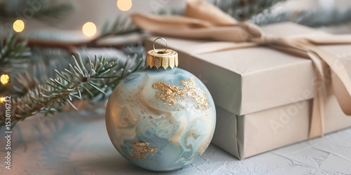 Frosty Blue and Gold Ornament Beside Wrapped Gift Amid Soft Holiday Lights