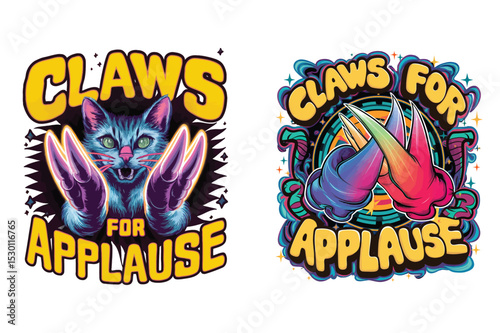 Colorful artistic claws for applause design featuring cat face and hand drawn style illustrations