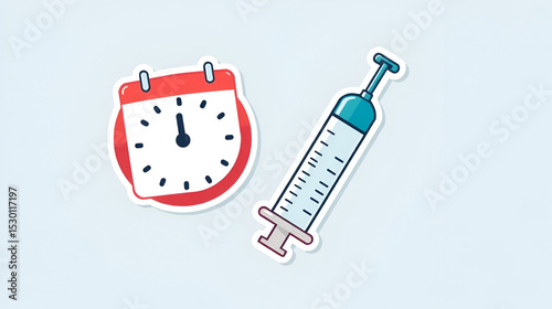 Time to revaccinated to prevention of Covid-19 spread. Regular vaccinations against infectious disease icon with syringe and calendar. Immunization campaign cartoon sticker vector illustration