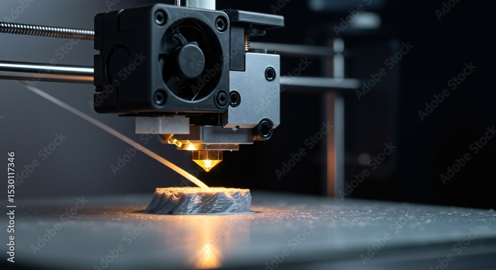 Fototapeta premium Close-up of a 3D printer nozzle extruding filament onto a build plate, warm light highlights the molten material, dark background emphasizes the printing process.