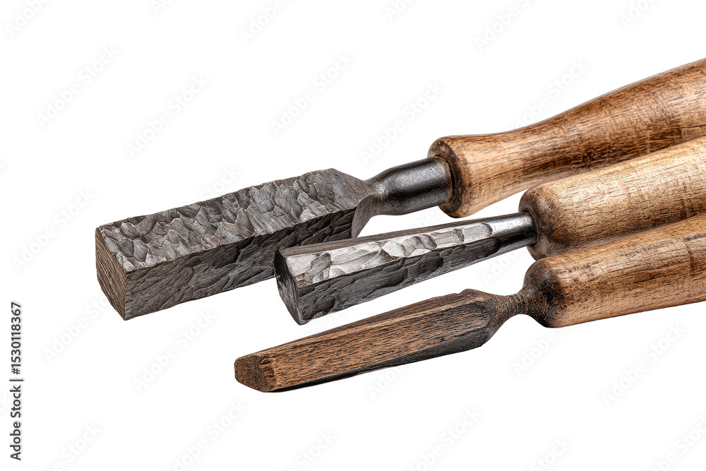 Flat-lay image of scattered chisel, mallet and file with sawdust, soft lighting, top-down view displaying authentic workshop atmosphere Flat-lay image of scattered chisel, mallet and file with sawdust, soft lighting, top-down view displaying authentic workshop atmosphere