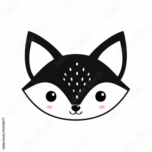 Adorable black and white fox face illustration with simple and minimalist design elements